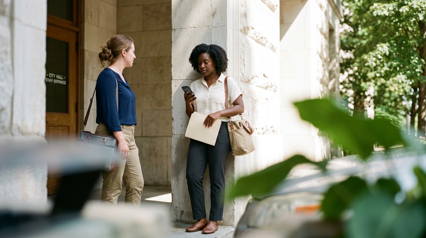 Two city staff members talking outside the City Hall staff entrance