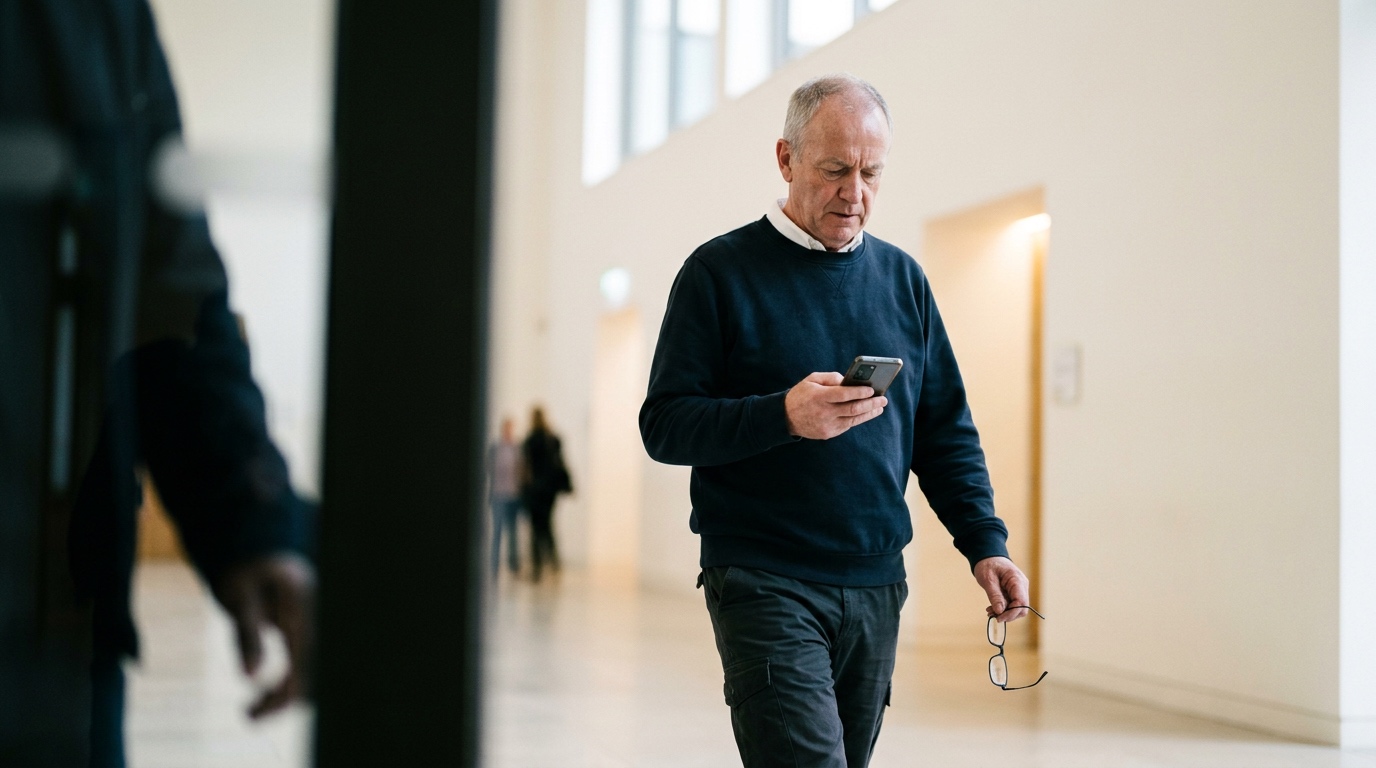 A county staff member checking his phone as he walks through a government building