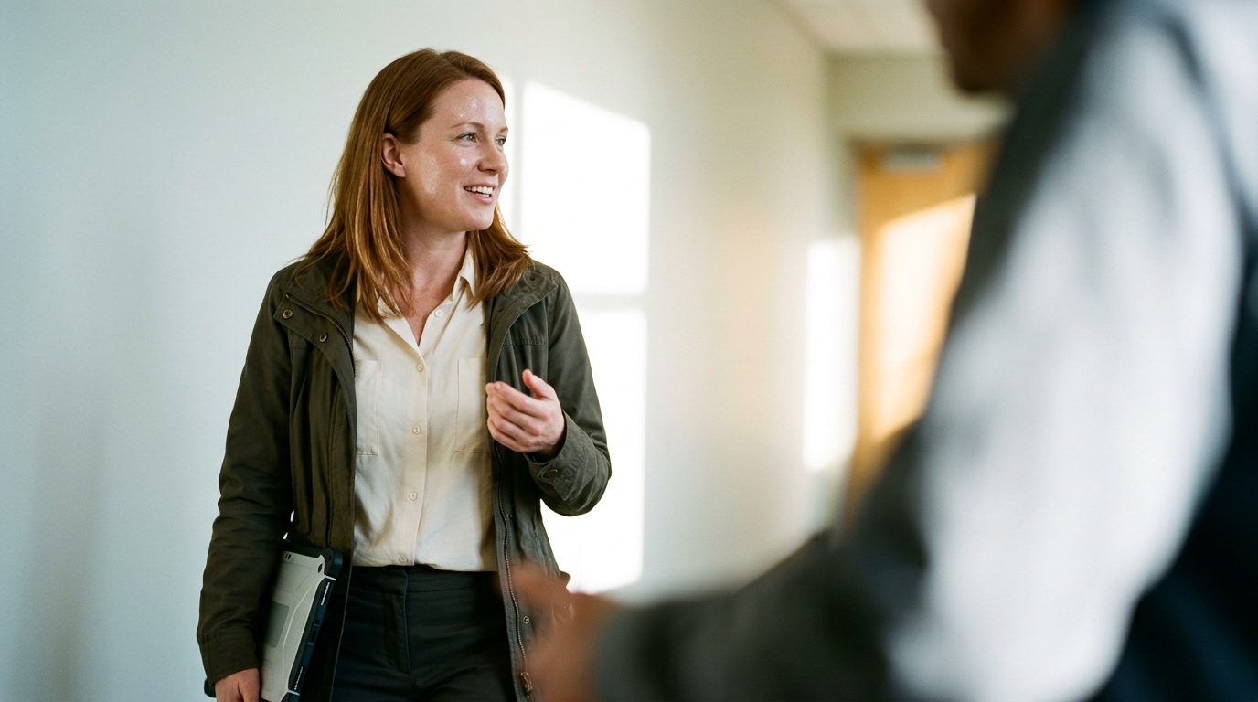 A county staff member with a tablet, smiling as she talks with a colleague in a hallway
