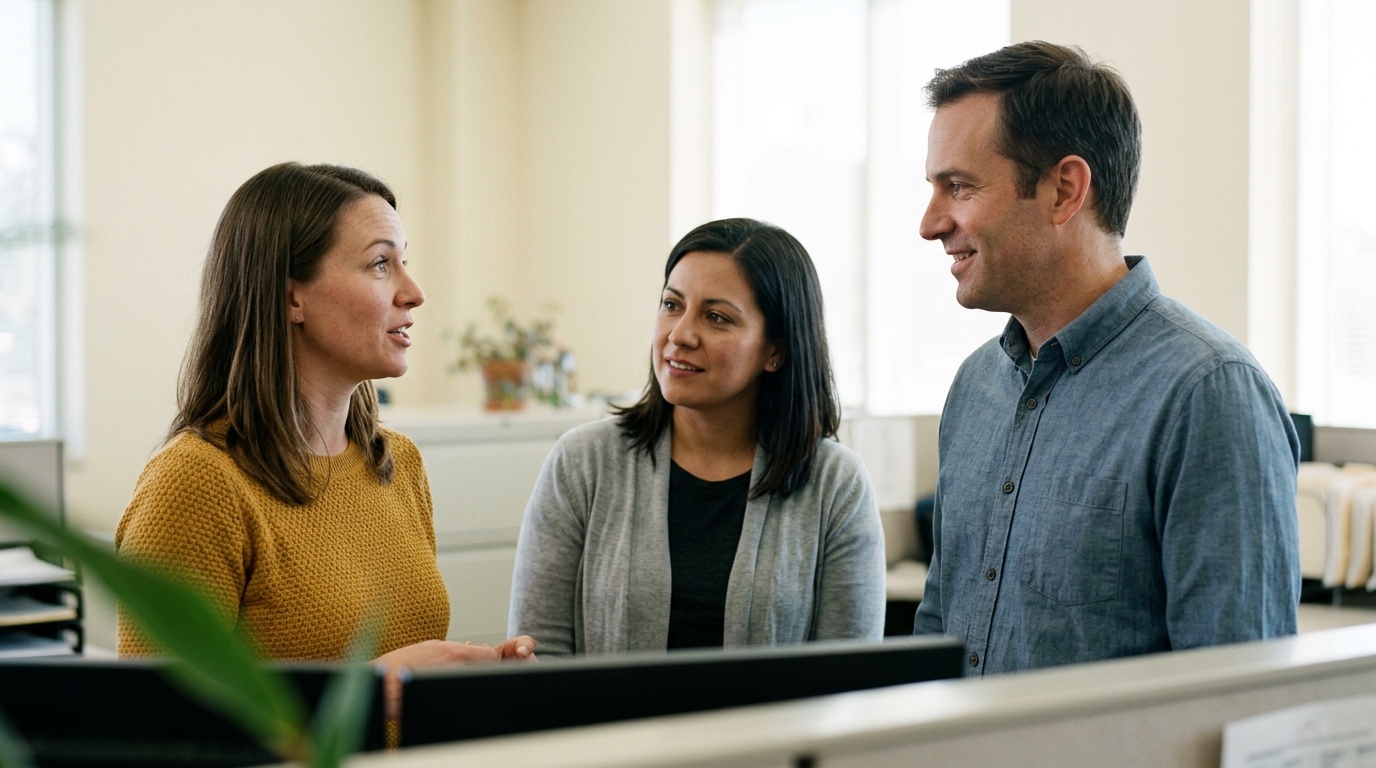 Three county staff members talking across their desks