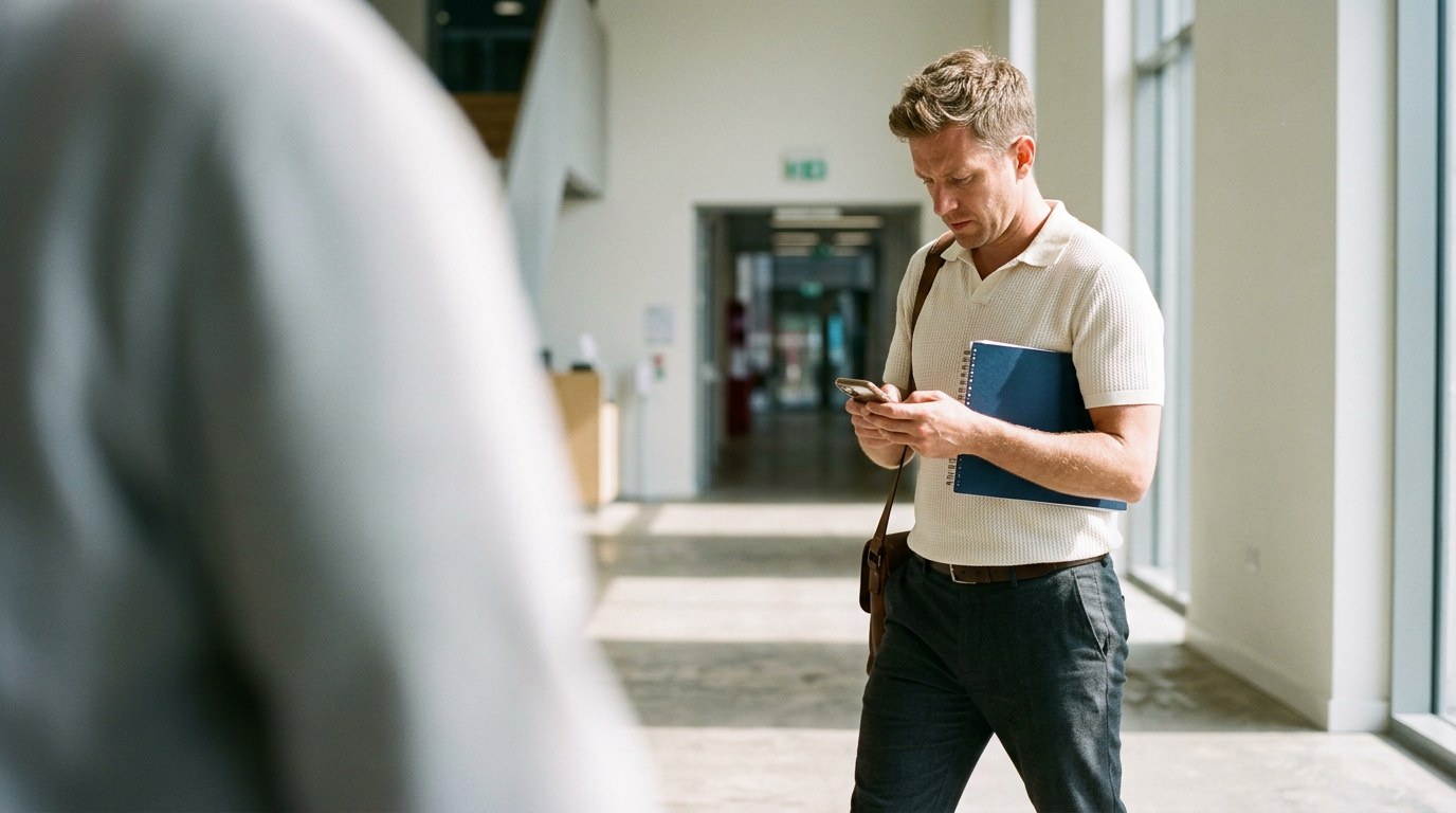 A county employee checking his phone in an office corridor