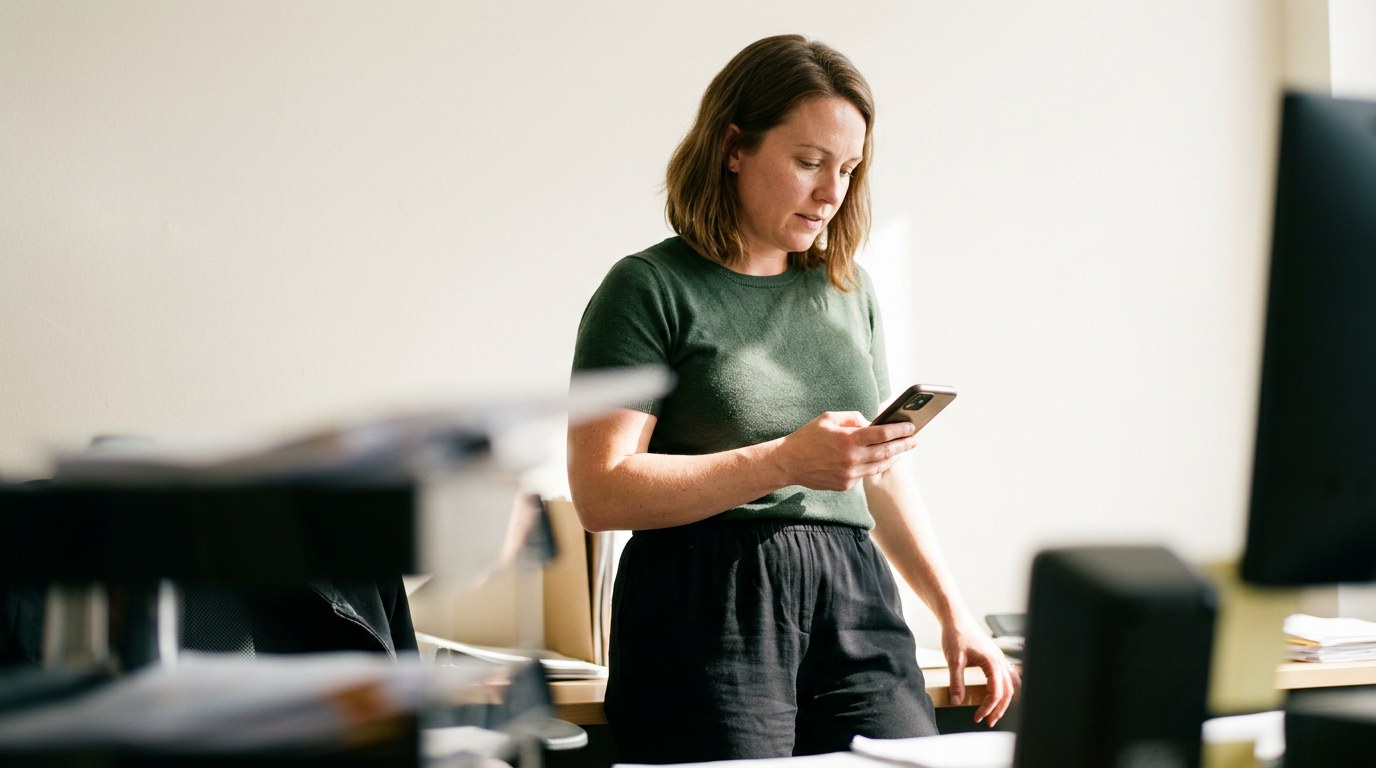 A county employee smiling at her phone