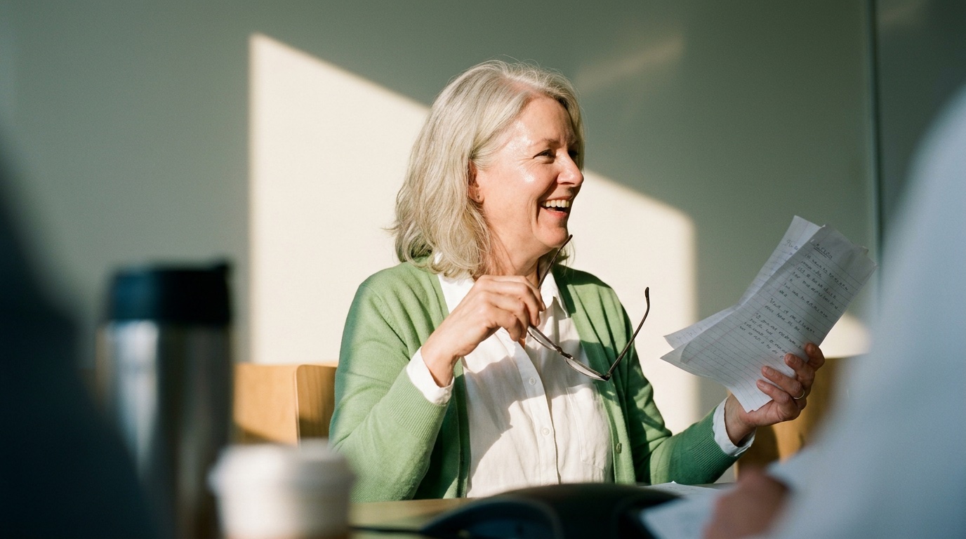 A county employee reviewing notes at a meeting