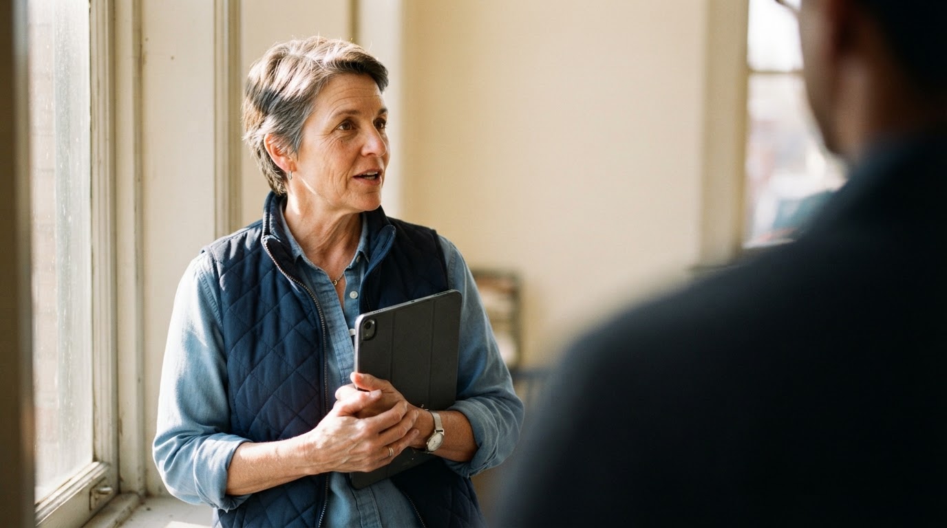 A county clerk helping a resident at the front desk