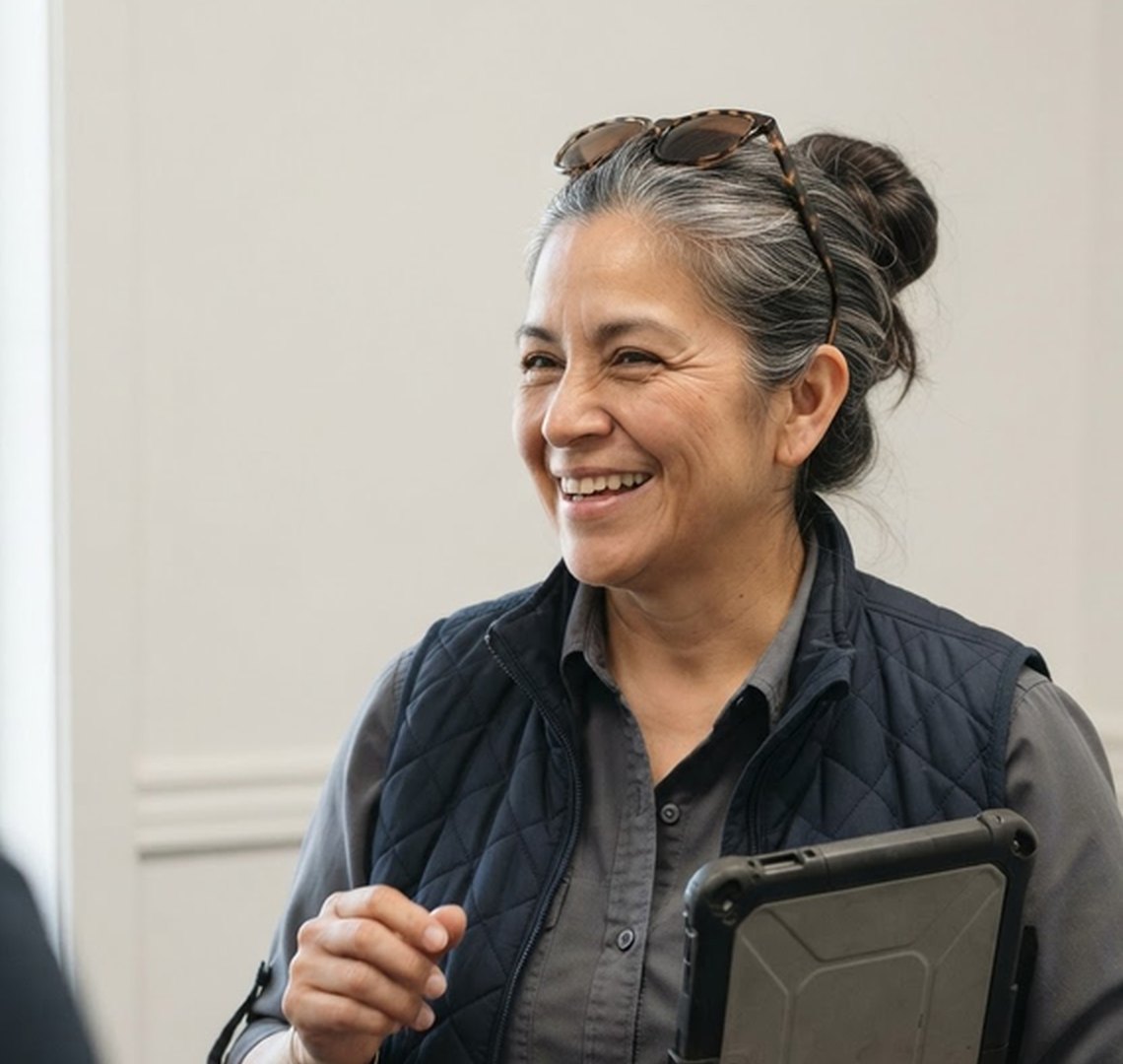 An assessor smiling as she talks with a colleague, a tablet under her arm
