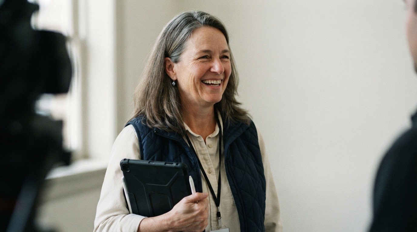 A county staff member laughing as she holds a tablet, a film camera beside her
